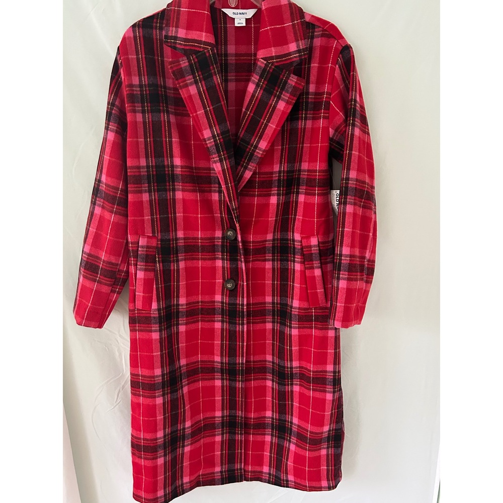 Old Navy Womens Red Pink Plaid Longline Brushed Overcoat Jacket Small NWT